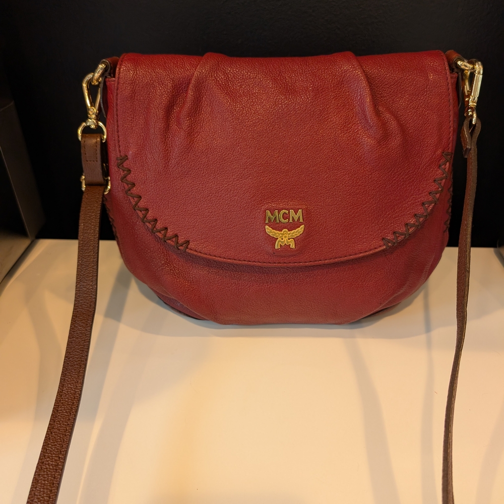 Vintage MCM Burgundy Red Leather Crossbody Flap Bag Gold